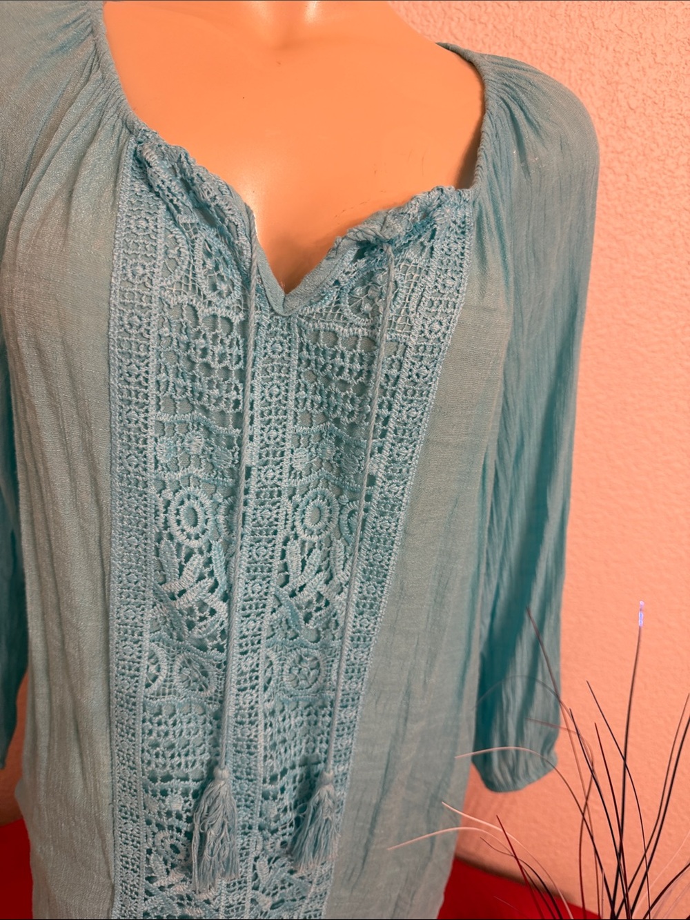 Women’s Teal Crochet-Front Tunic with Tassel Tie - Picture 2 of 2